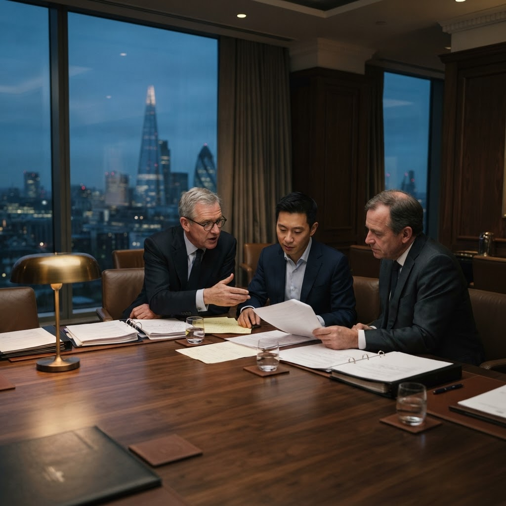 Senior advisers in discussion over documents in a boardroom at dusk